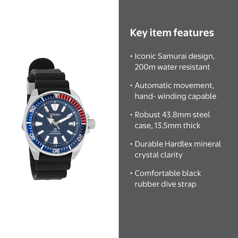 SEIKO Prospex ダイバーズウォッチ 200m Seiko Prospex Samurai Men's Auto Dive Watch, Black Strap, 200m