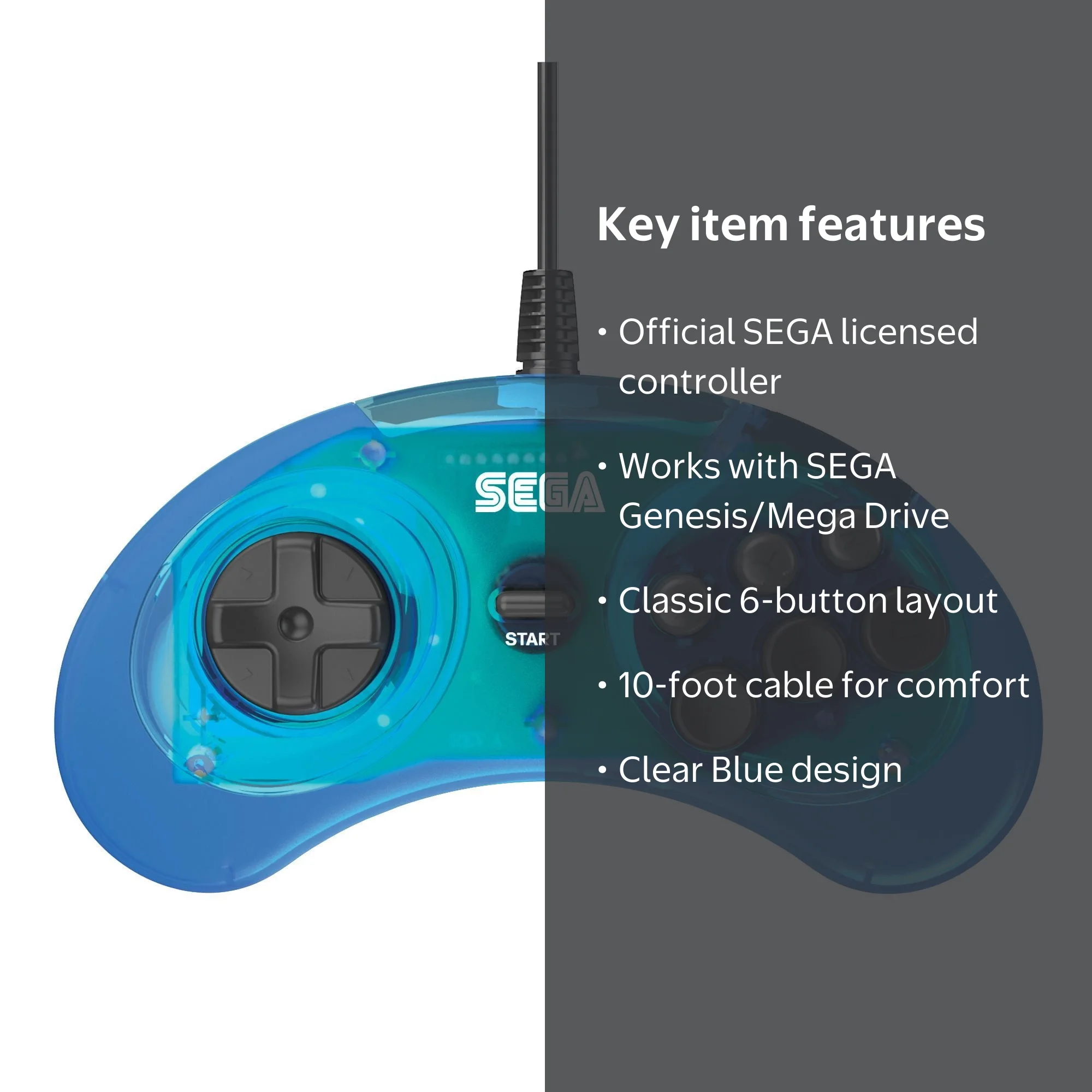 Retro-Bit, SEGA Genesis 6-Button Arcade Pad, Clear Blue, 10 Foot
