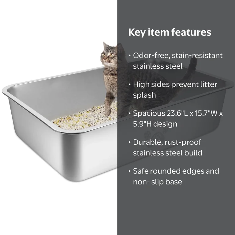 Ptlom Cat Litter Box, XL Stainless Steel Pan, High Sides and Back