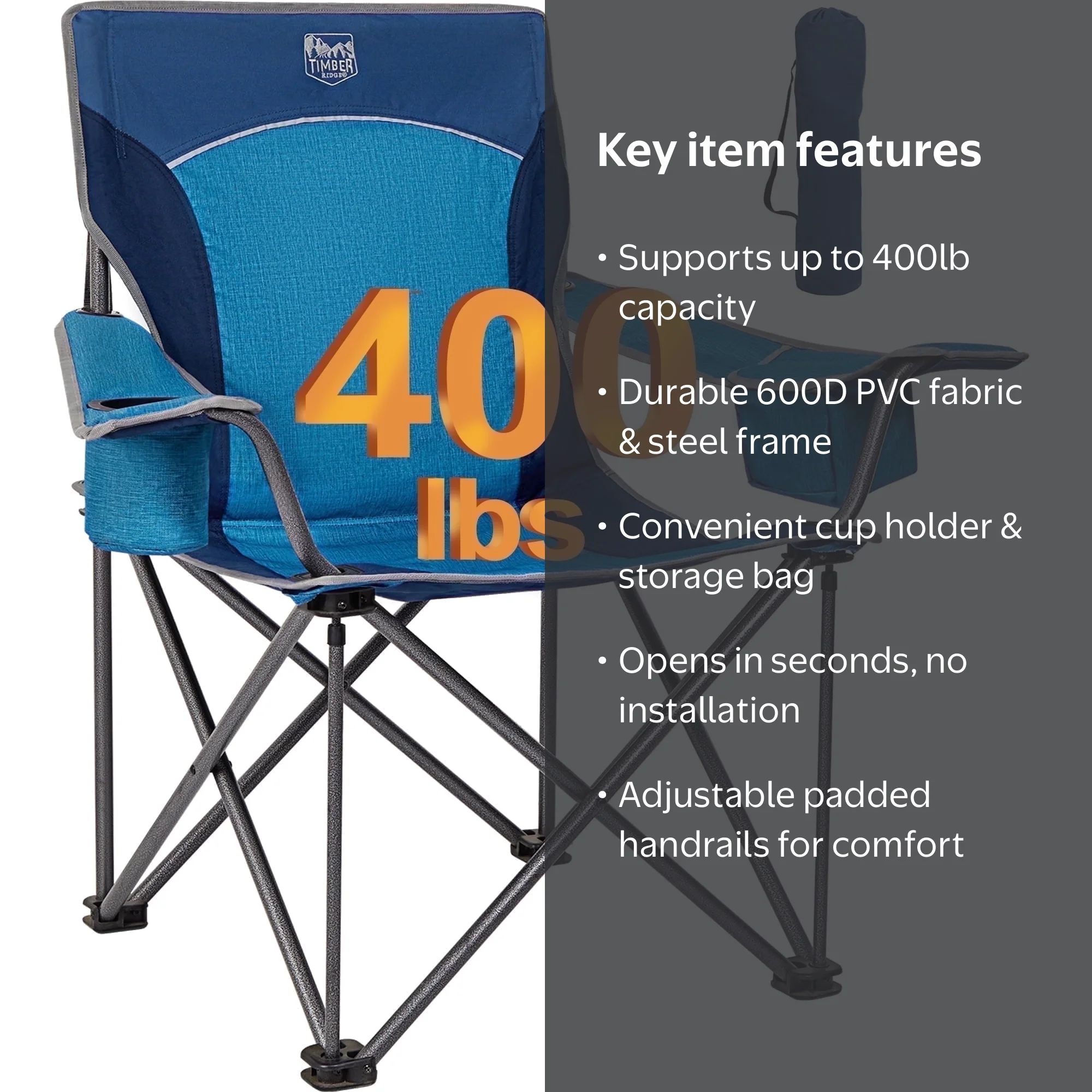 Timber Ridge, Camping Chair, Oversized, Supports 400 lbs, Blue