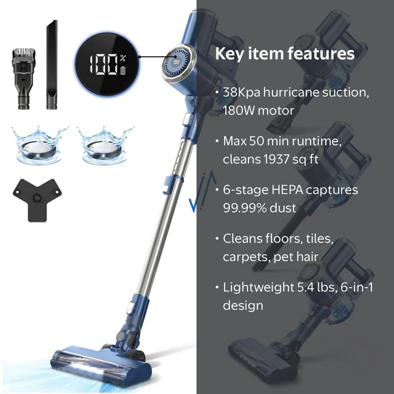 PrettyCare Cordless Stick Vacuum Cleaner, 38KPA 50mins 2600mAh 6