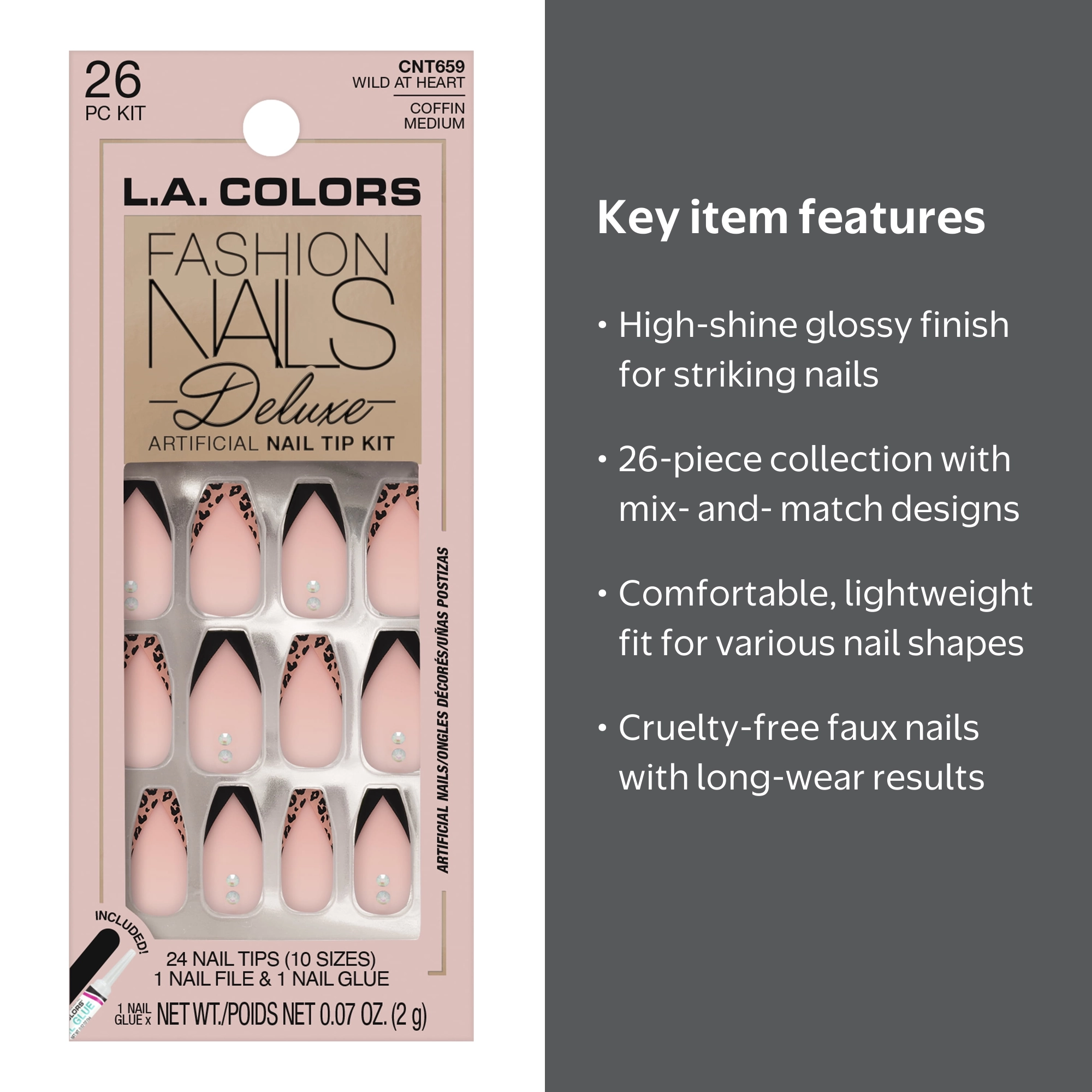 L.A. COLORS Fashion Nail Deluxe Wild at Heart Nail Tips, 24 Pieces