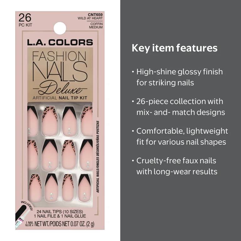 L.A. COLORS Fashion Nail Deluxe Wild at Heart Nail Tips, 24 Pieces