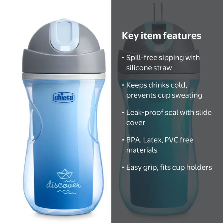コップ Chicco, 9oz Insulated Flip-Top Straw Sippy Cup, 12m+, Blue/Teal