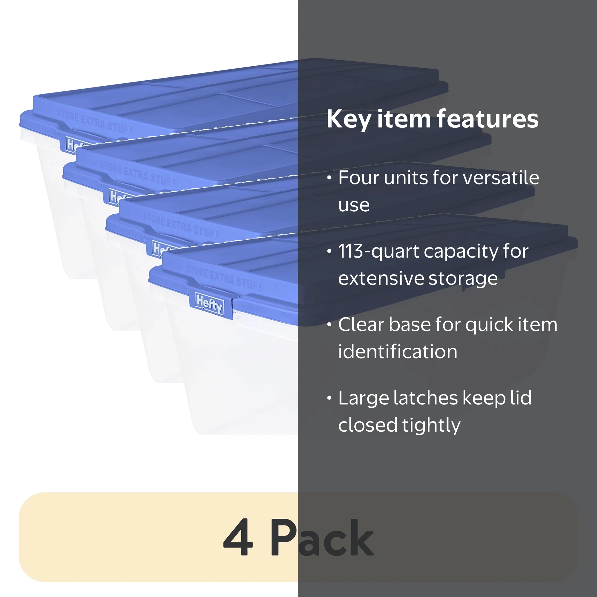4 pack) Hefty HI-RISE 113 Quart Large Latching Storage Bin, Clear