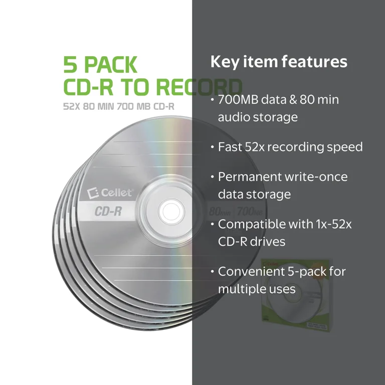 Cellet, CD-R Disc 5-Pack, 700MB 80 Min, 52X Speed, Silver
