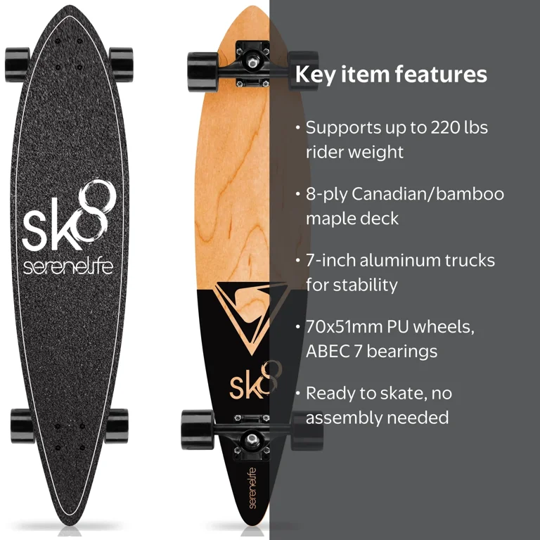 SereneLife Skateboard Mini Cruiser - 8 Ply Canadian & Bamboo Maple
