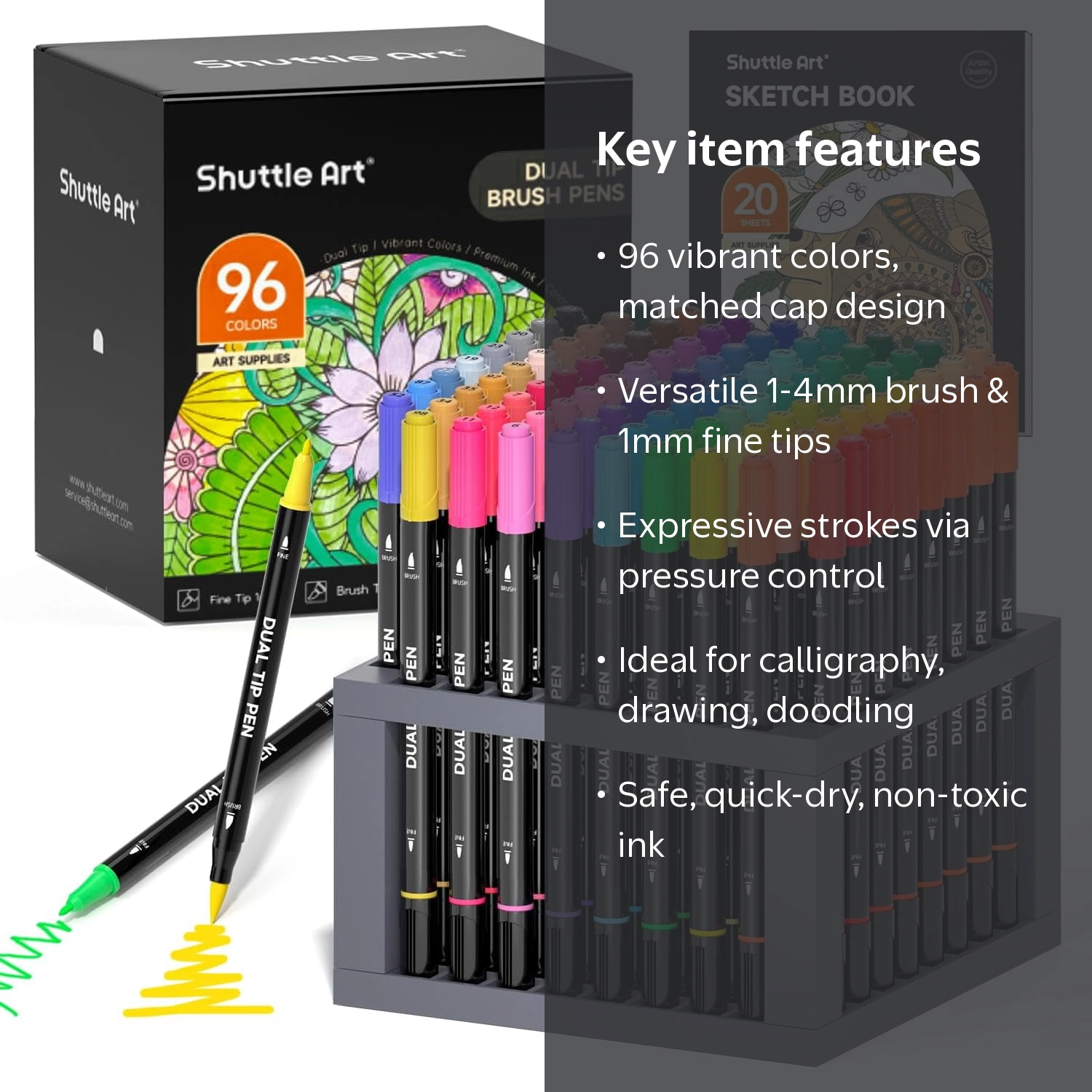 Shuttle Art Dual Tip Brush Pen Set with 96 Vibrant Colors, Pen