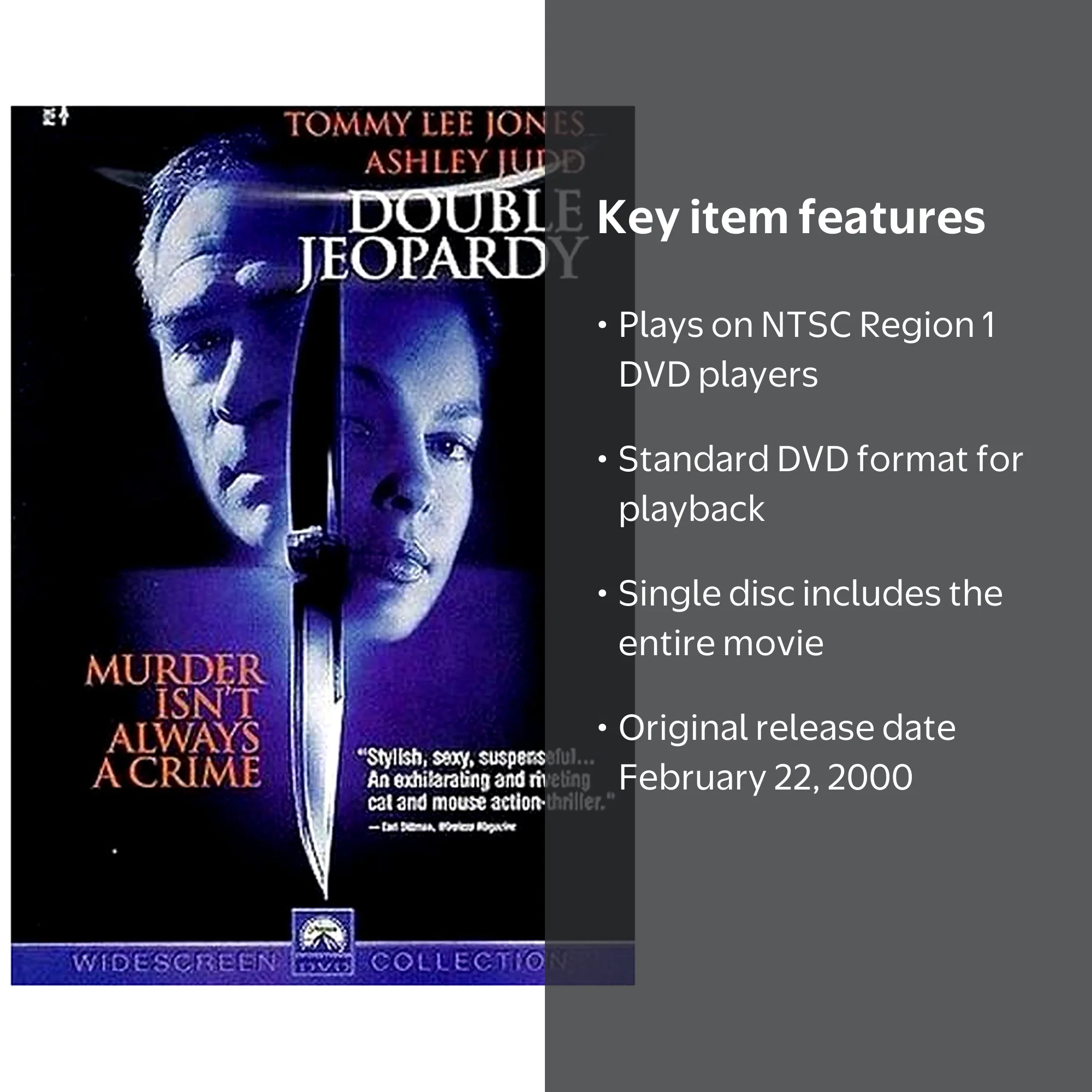 Double Jeopardy Movie - DVD, Starring Tommy Lee Jones and Ashley
