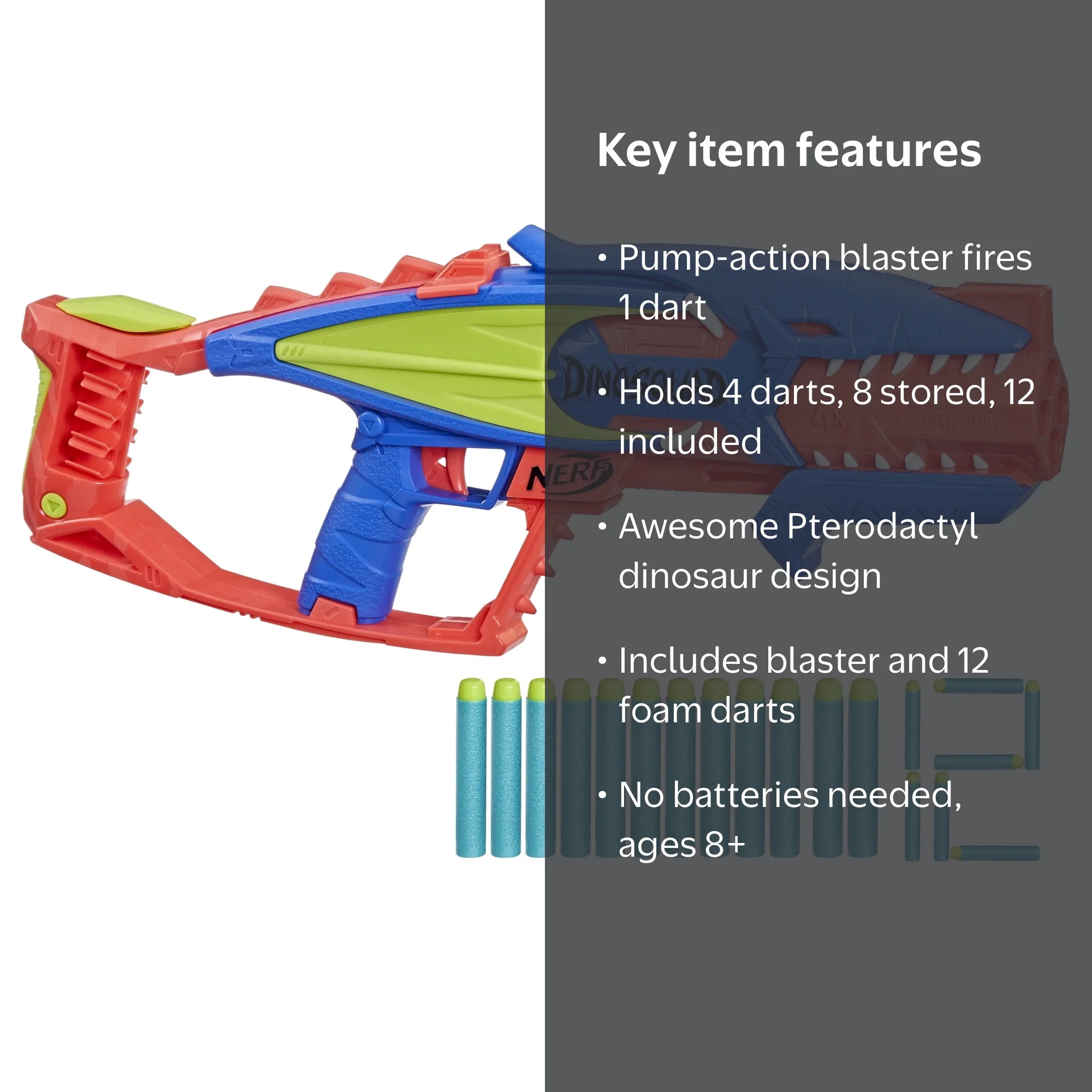 Nerf, DinoSquad Terrodak Dart Blaster, includes 12 darts, outdoor