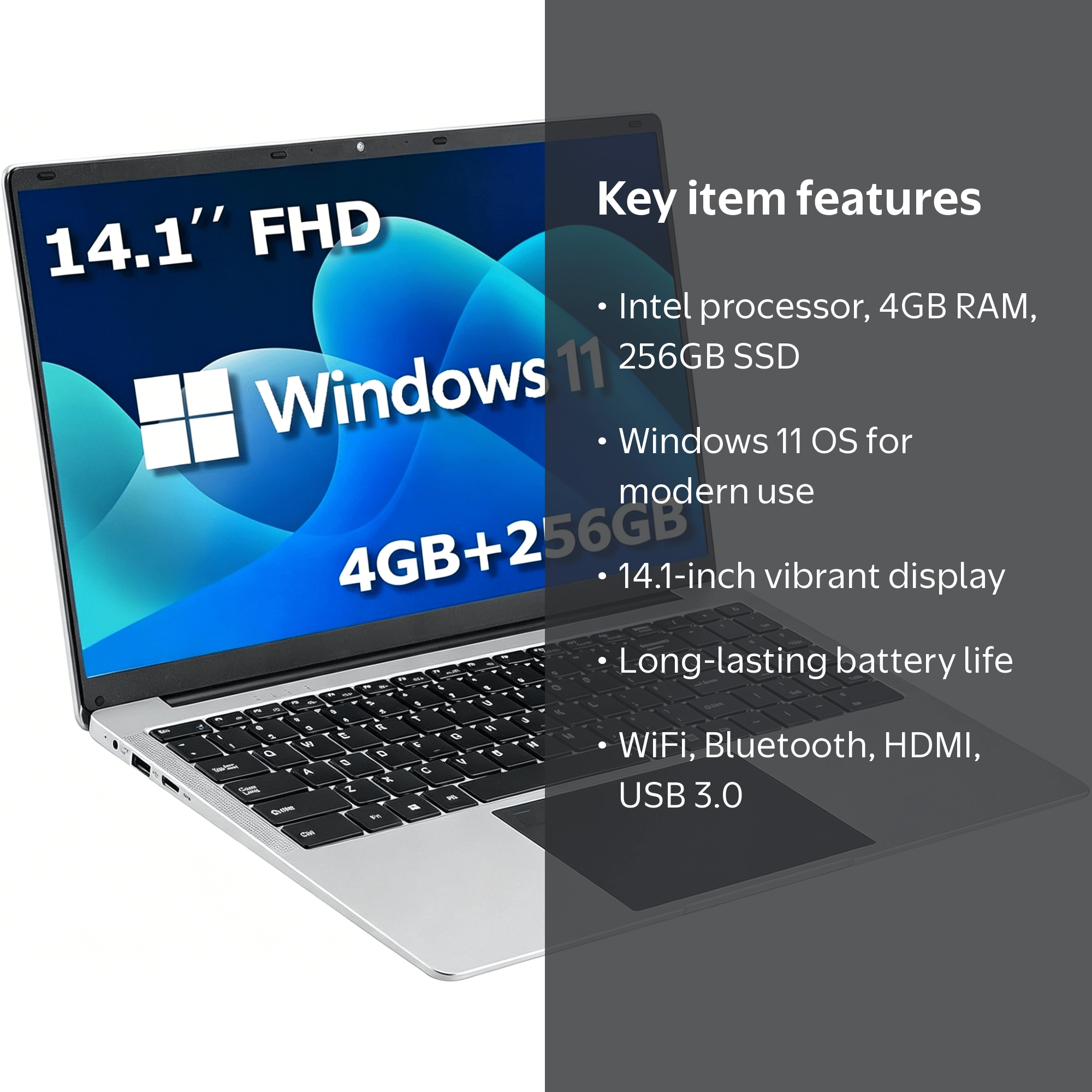 Elepad, Windows 11 Laptop, 14.1 inch, 4GB DDR4, 256GB SSD, Silver