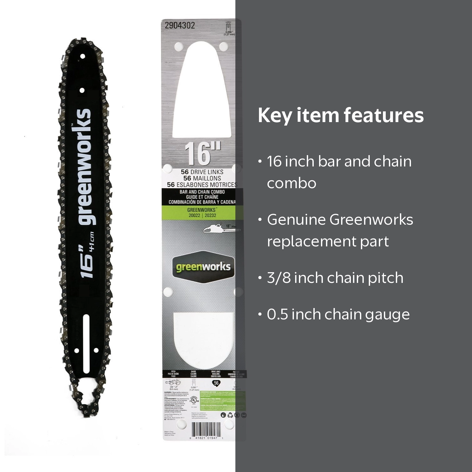 Greenworks, Chainsaw Bar and Chain Combo, 16