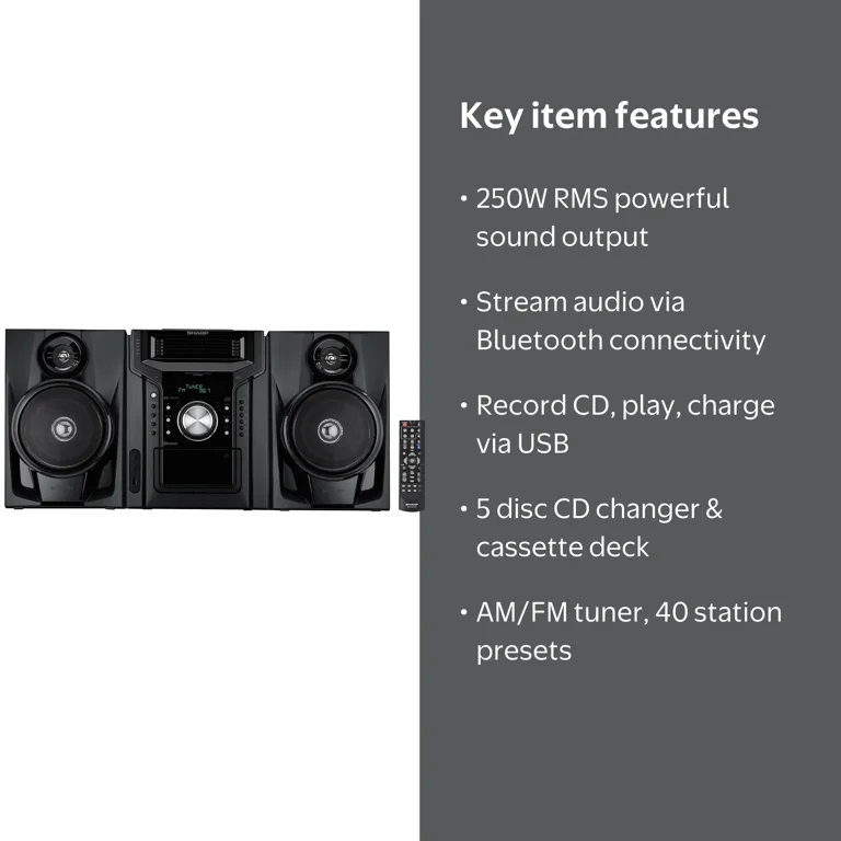 Sharp 250 Watt Bluetooth Hi-Fi Stereo, 5-Disc CD Player, Cassette