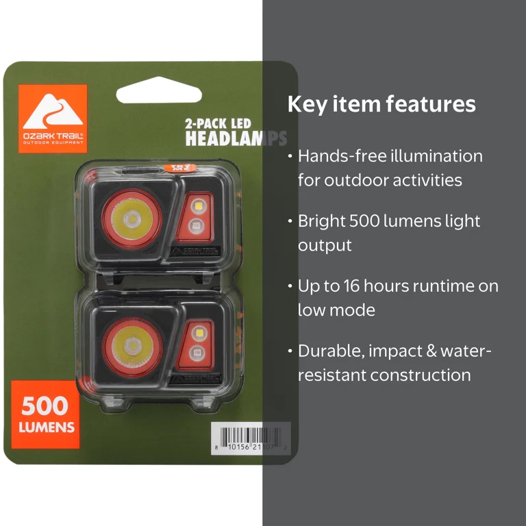 Ozark Trail Headlamp, 500 Lumens, 2pk, IPX4, Black, AAA, ABS