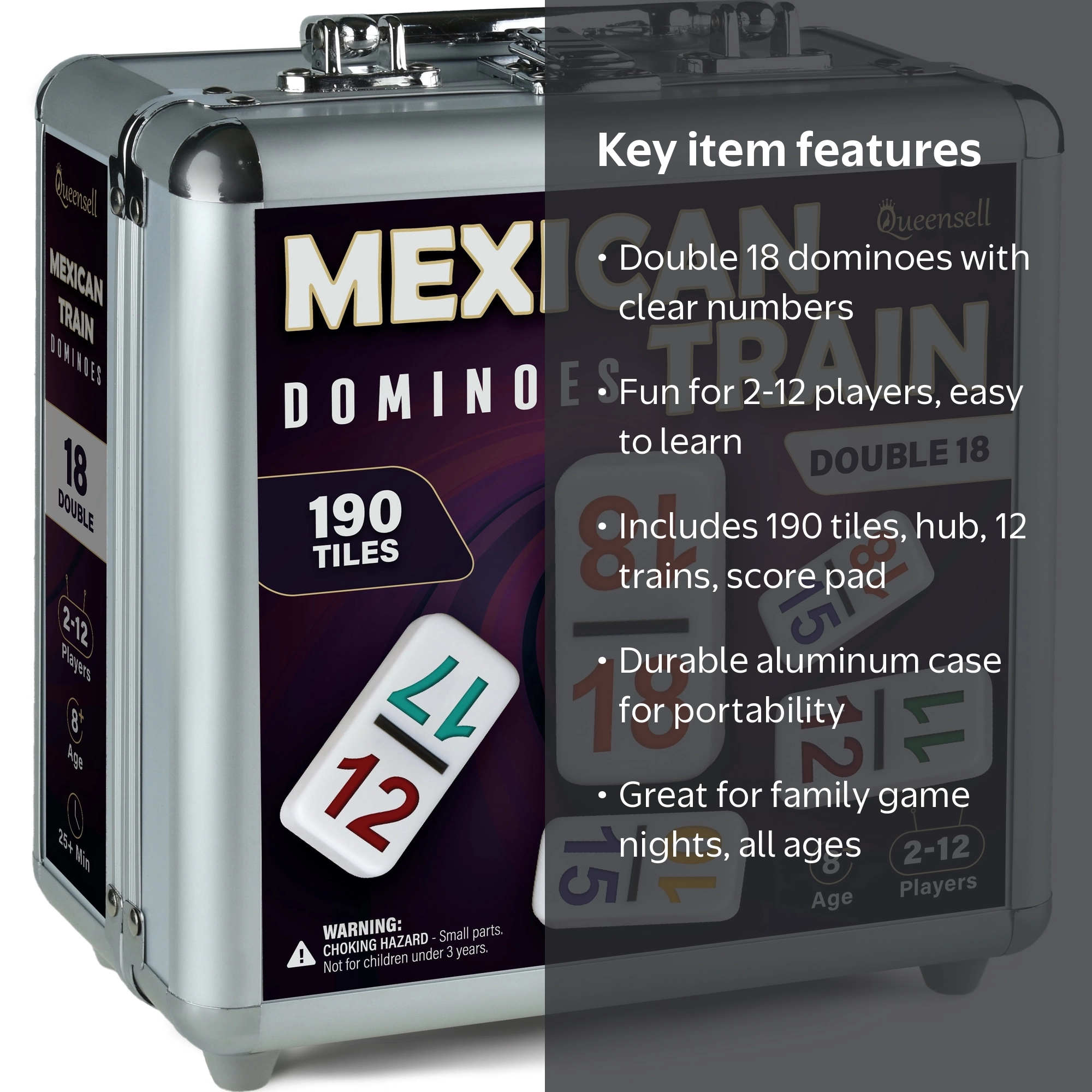 Queensell Mexican Train Dominoes Set with Numbers, Double 18, 190