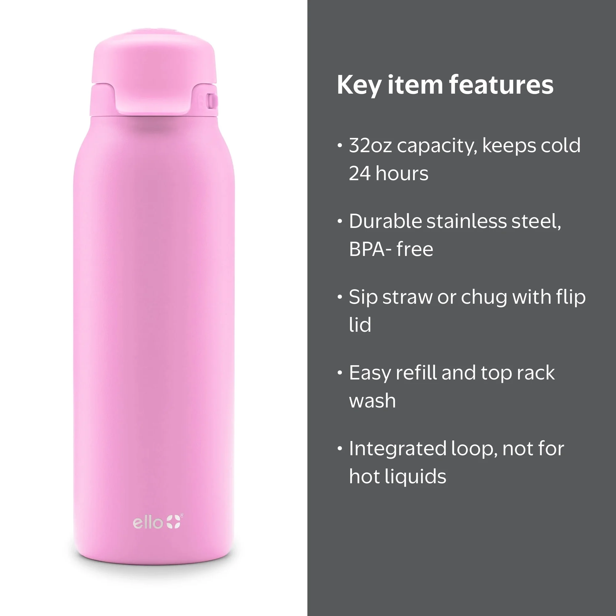 Ello Flip & Fill 32 oz Stainless Steel Water Bottle with Flip-Top