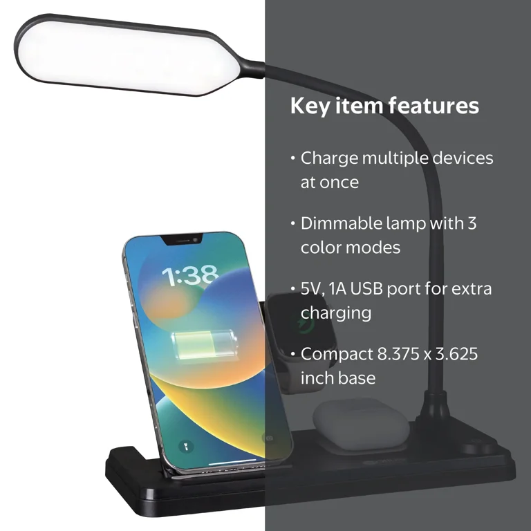 OttLite LED Desk Light with Multi-Device Charging Station, Black