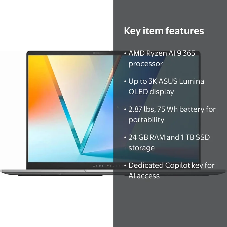 ASUS, Vivobook S 14 OLED Slim Laptop, AMD Ryzen AI 9 365, Cool