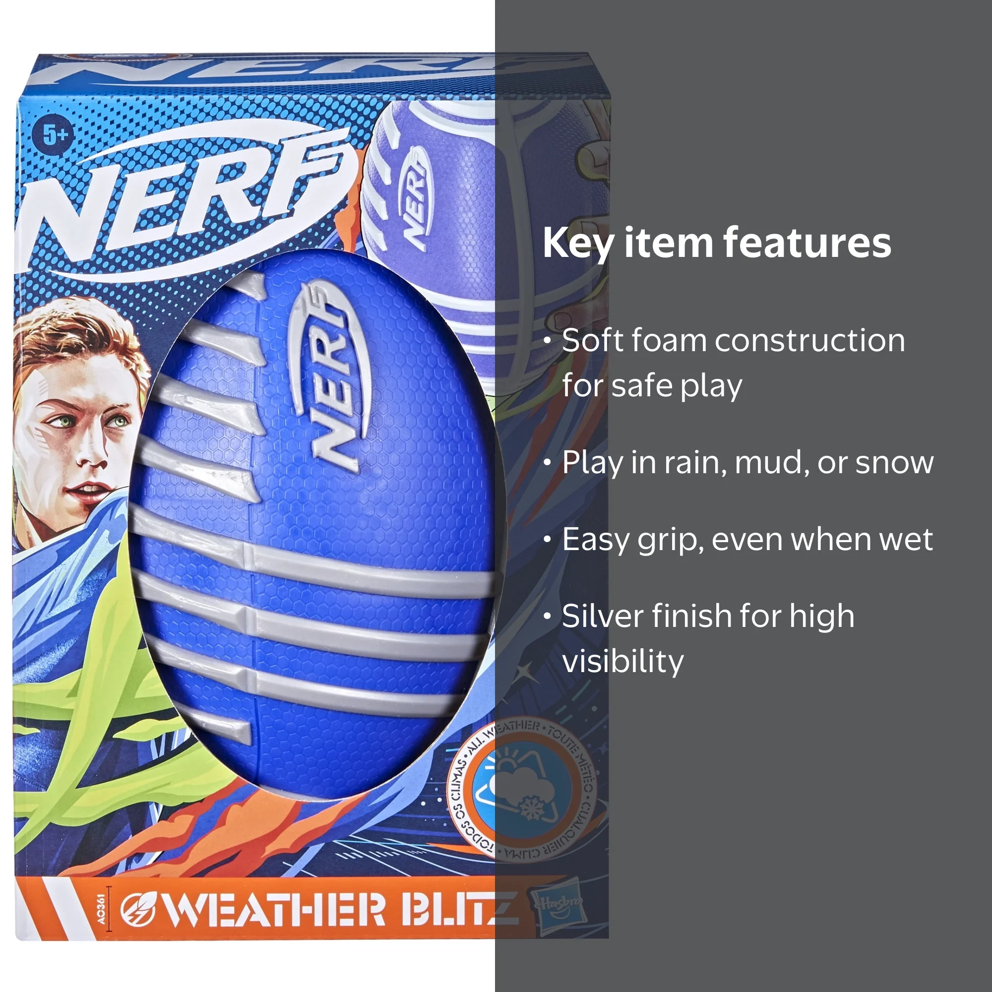 Nerf, Foam Football, Weather Blitz, All-Weather Play, Silver