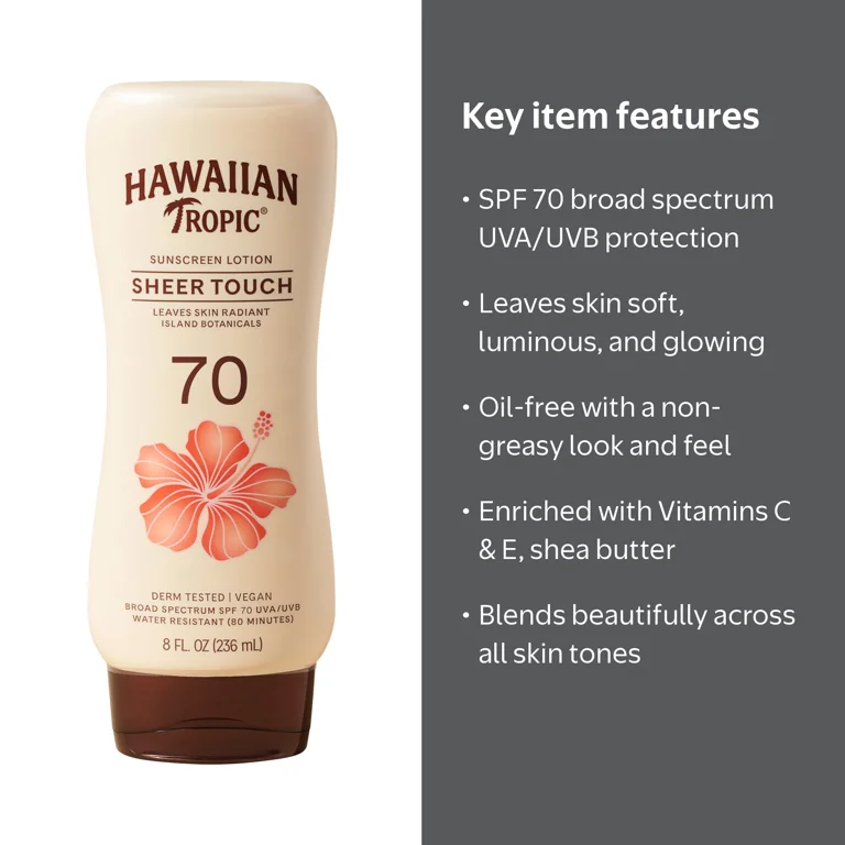 Hawaiian Tropic, Sunscreen Lotion, SPF 70, Sheer Touch 8 fl oz