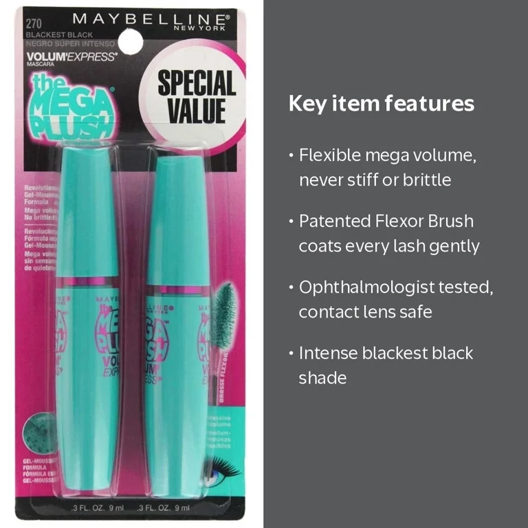 マスカラ・マスカラ下地 the mega plush Maybelline, Mascara, Black, Gel-Mousse with Mega Volume - Walmart.com
