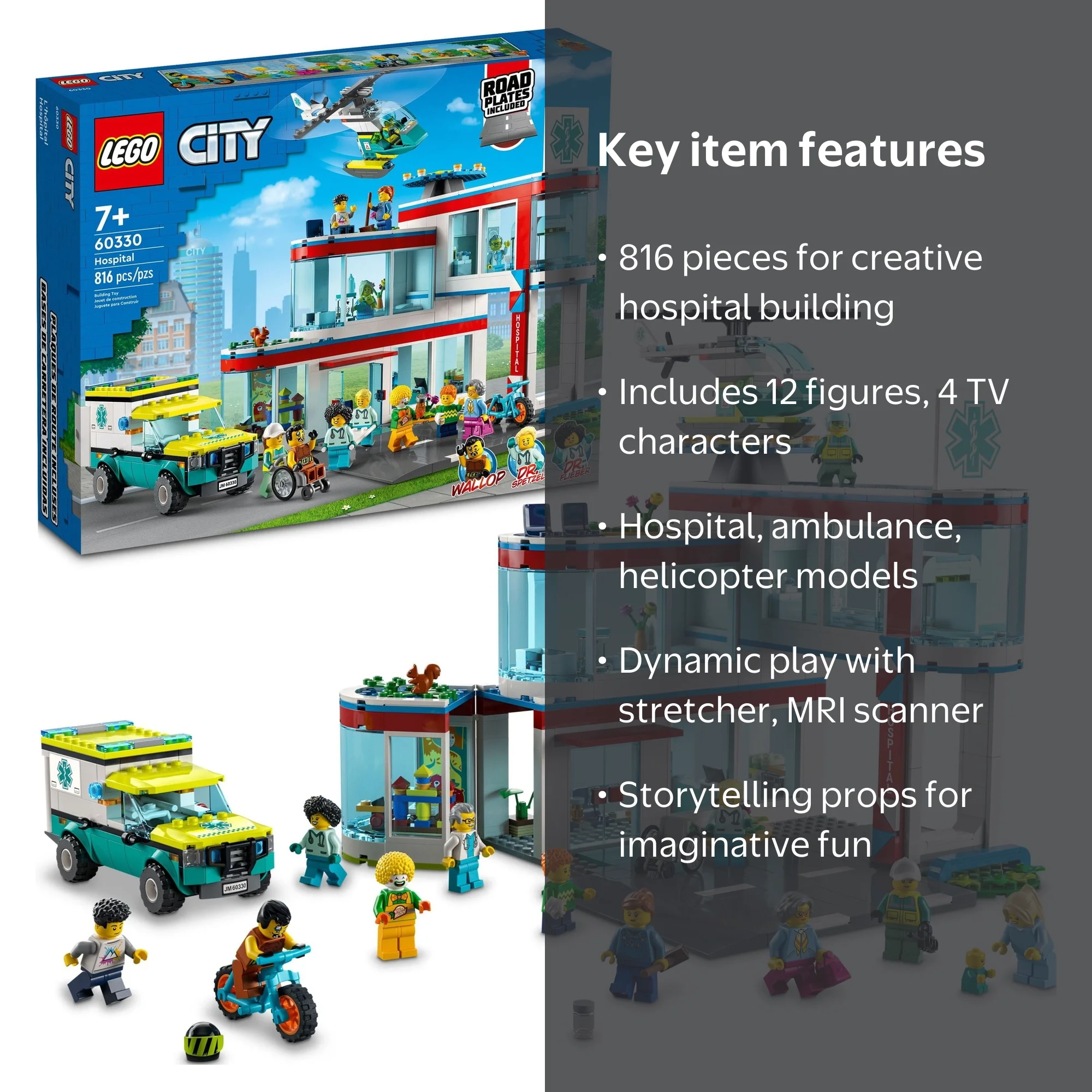 LEGO City Hospital Playset 60330 with Ambulance, Rescue Helicopter