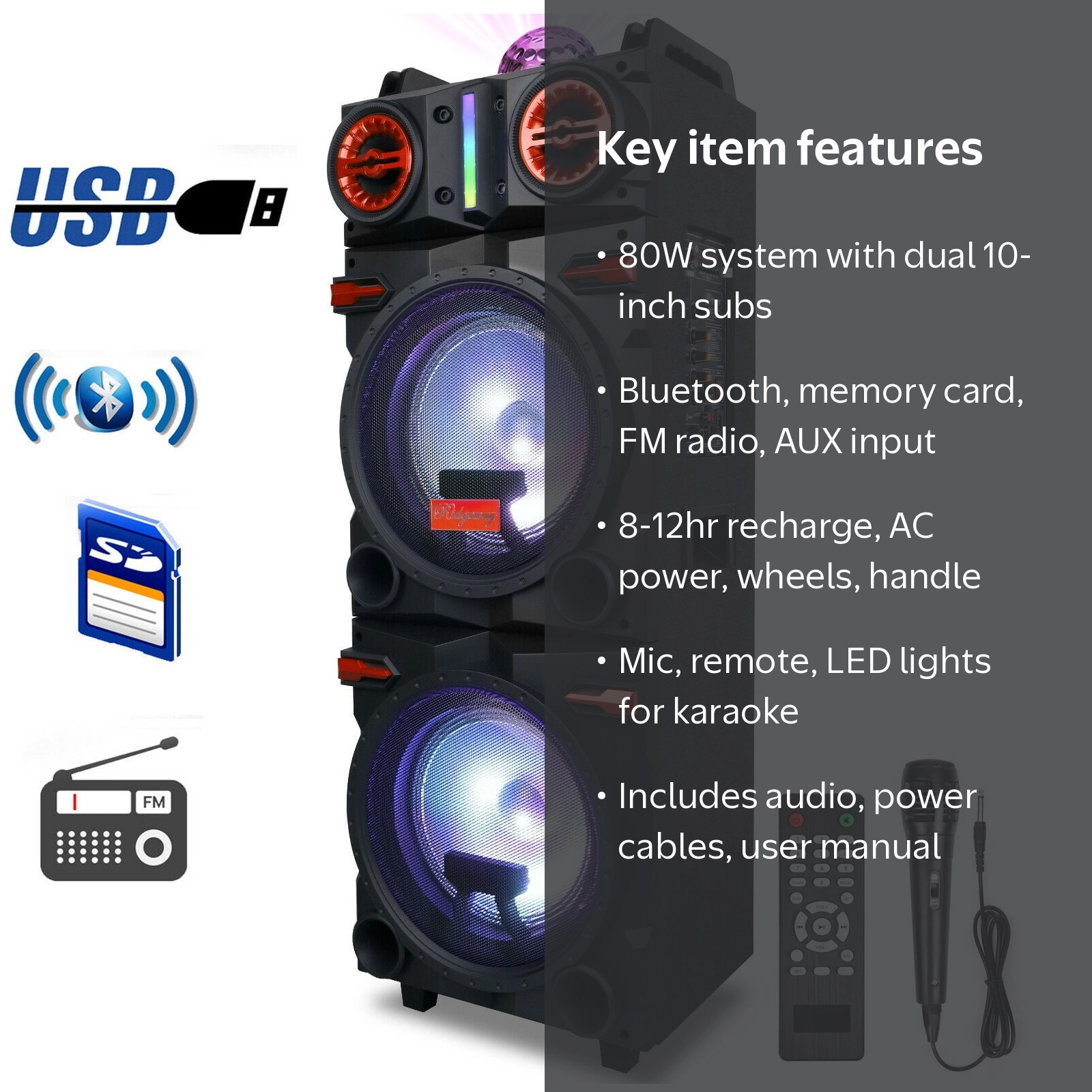 Dazone Portable 4500W Bluetooth Speaker System, Dual 10
