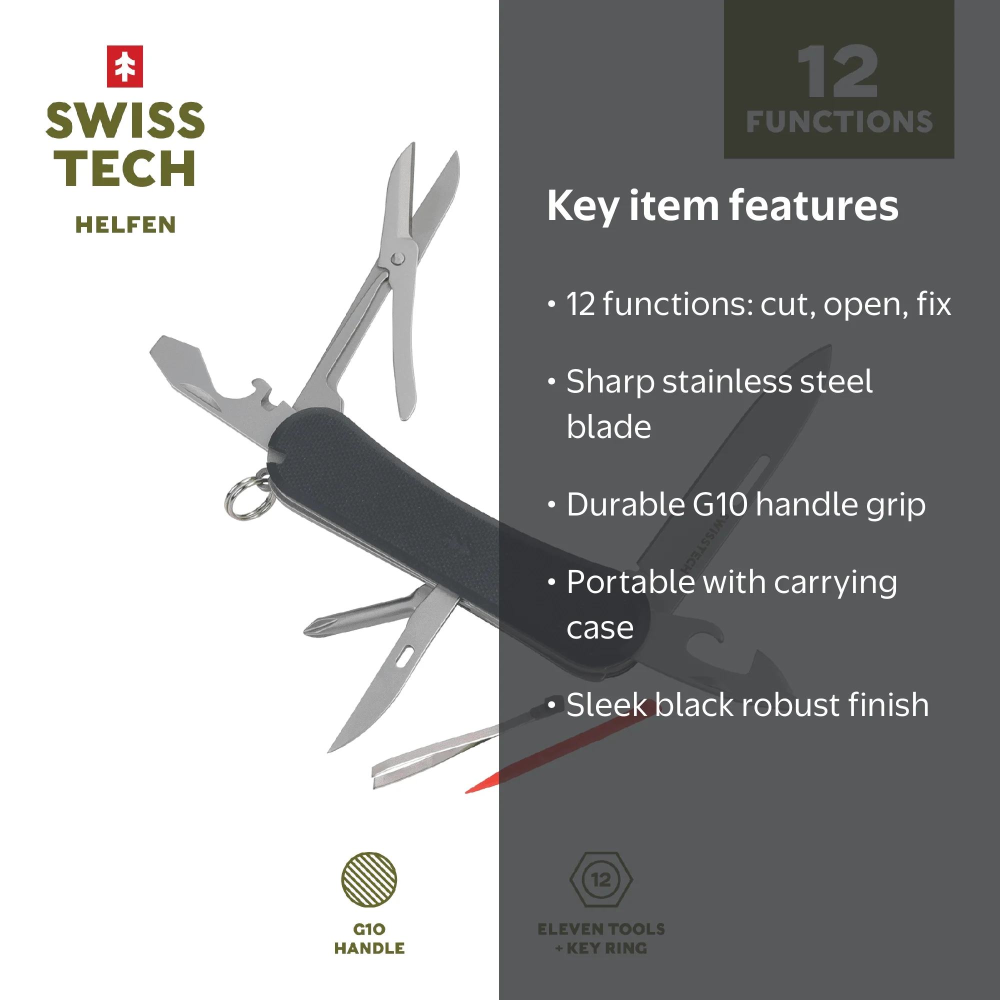 Swiss Tech Multi Tool Knife 12-in-1 with Stainless Steel Drop