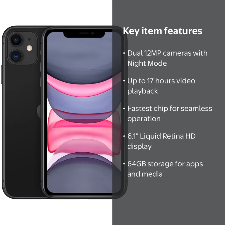 Straight Talk Prepaid Apple iPhone 11, 64GB, Black, Dual 12MP