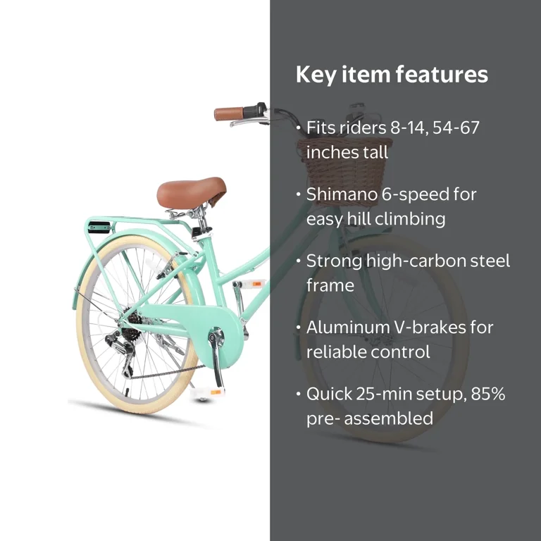 Glerc, Girl Cruiser Kids Bike, 24 inch, Mint Green, Shimano 6