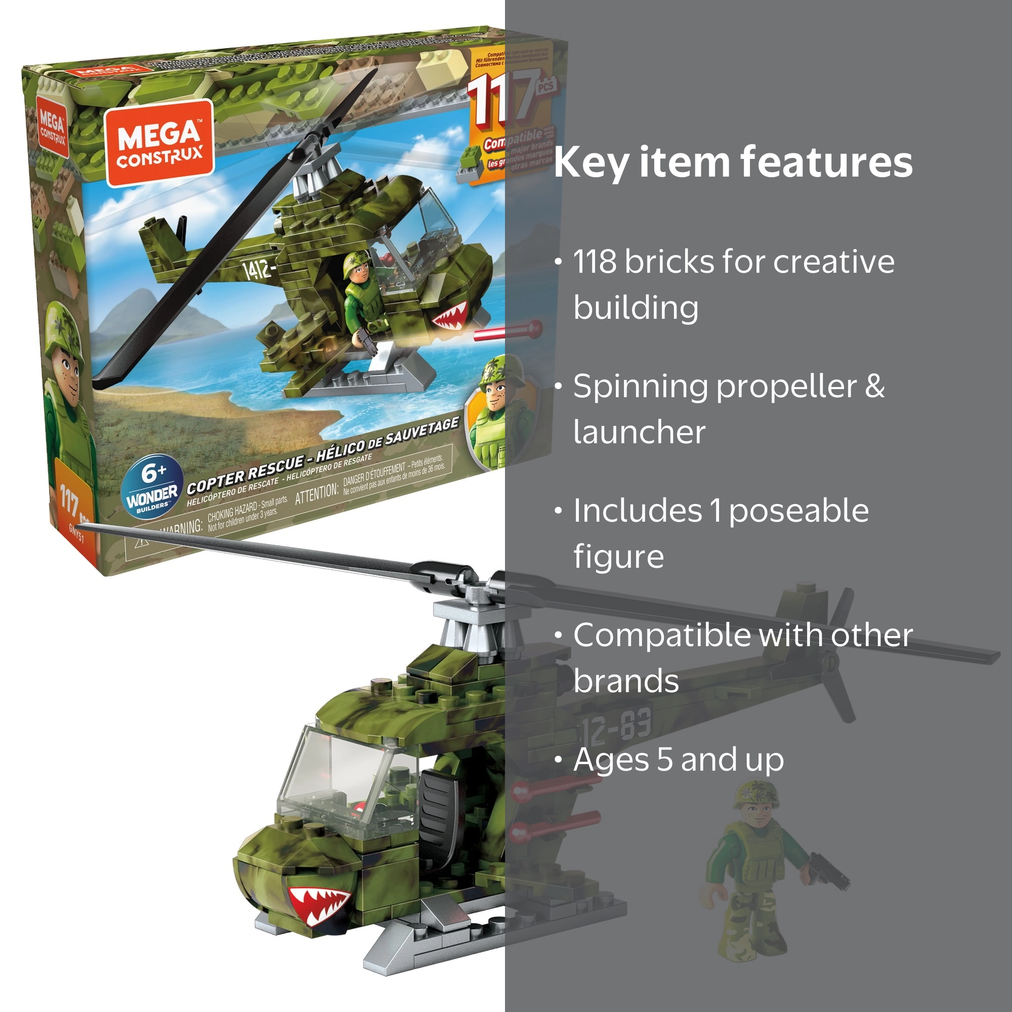 Mega Construx Copter Rescue Construction Set, 118 Pieces, Spinning