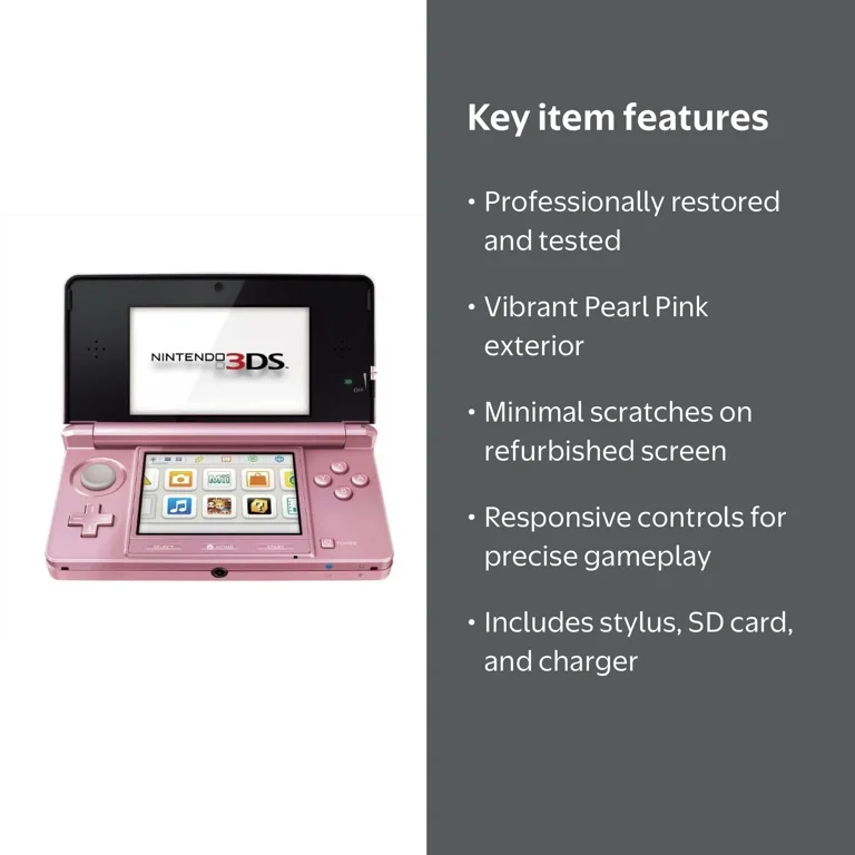 Restored Nintendo 3DS Pearl Pink with Stylus SD Card Charger