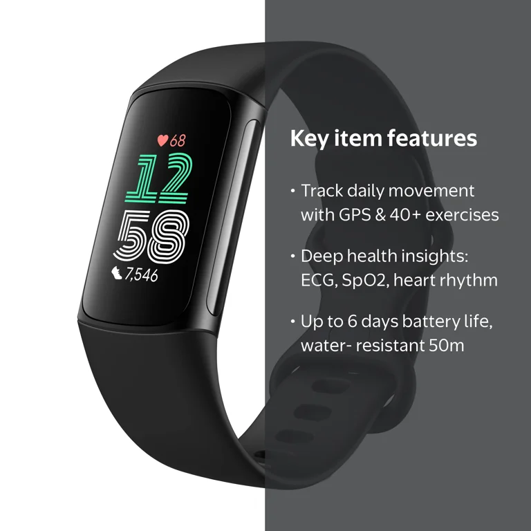 Fitbit Charge 6 Fitness Tracker Obsidian Black with Heart Rate