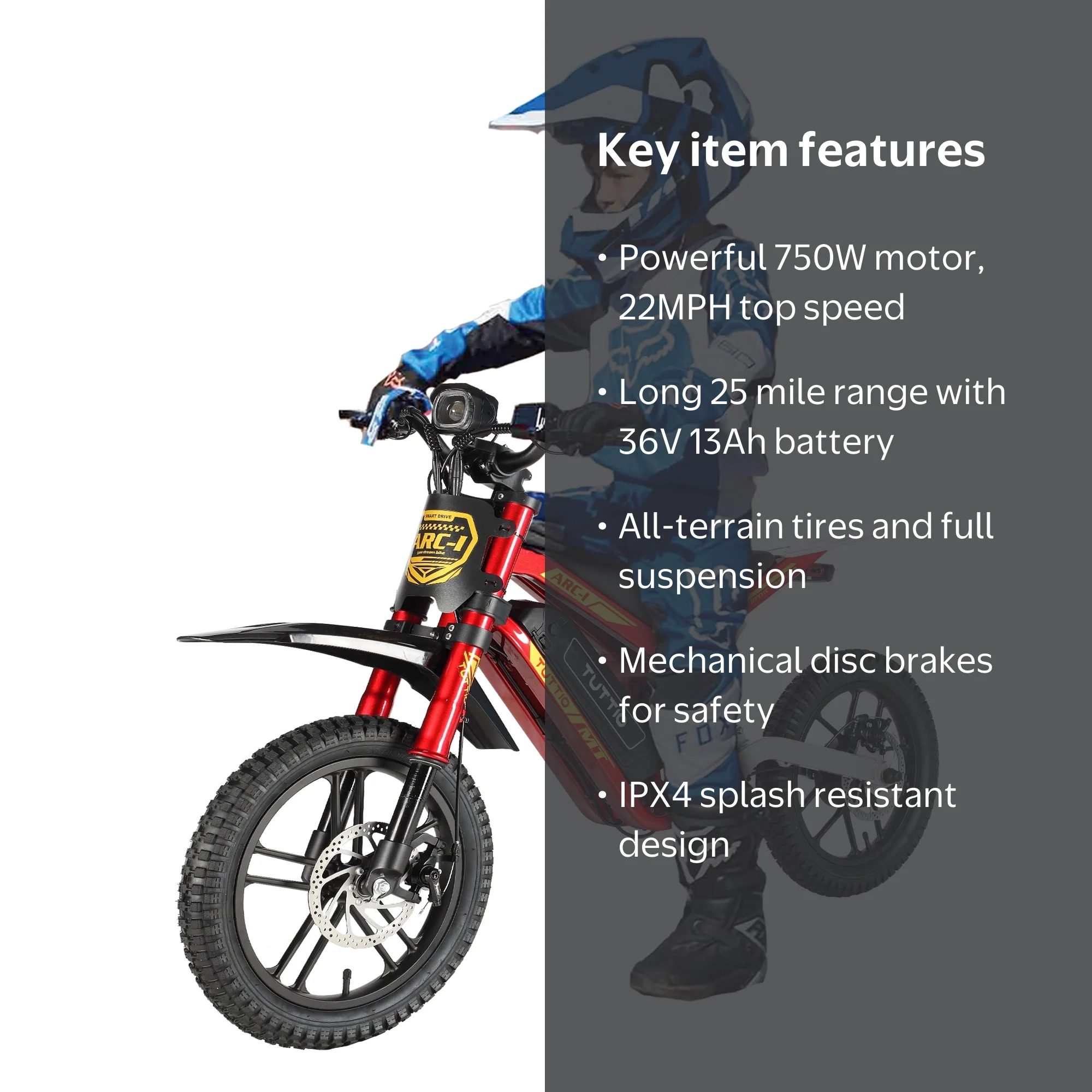 TUTTIO Mini Electric Dirt Bike ARC-1 750W 36V 21Ah for Kids 8-14