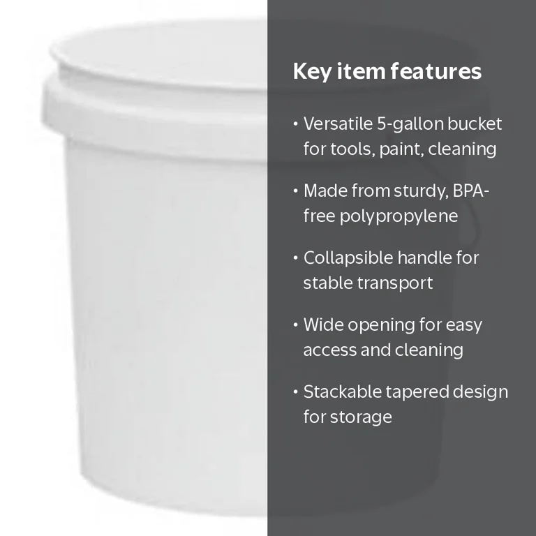 5-Gallon Bucket, White, BPA-Free Polypropylene, Collapsible Handle