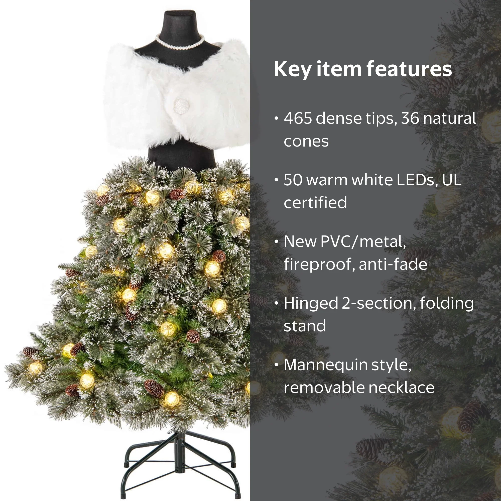 5 ft Pre-lit Mannequin Artificial Christmas Tree Hinged Dress Form Xmas Tree with 465 Branch Tips