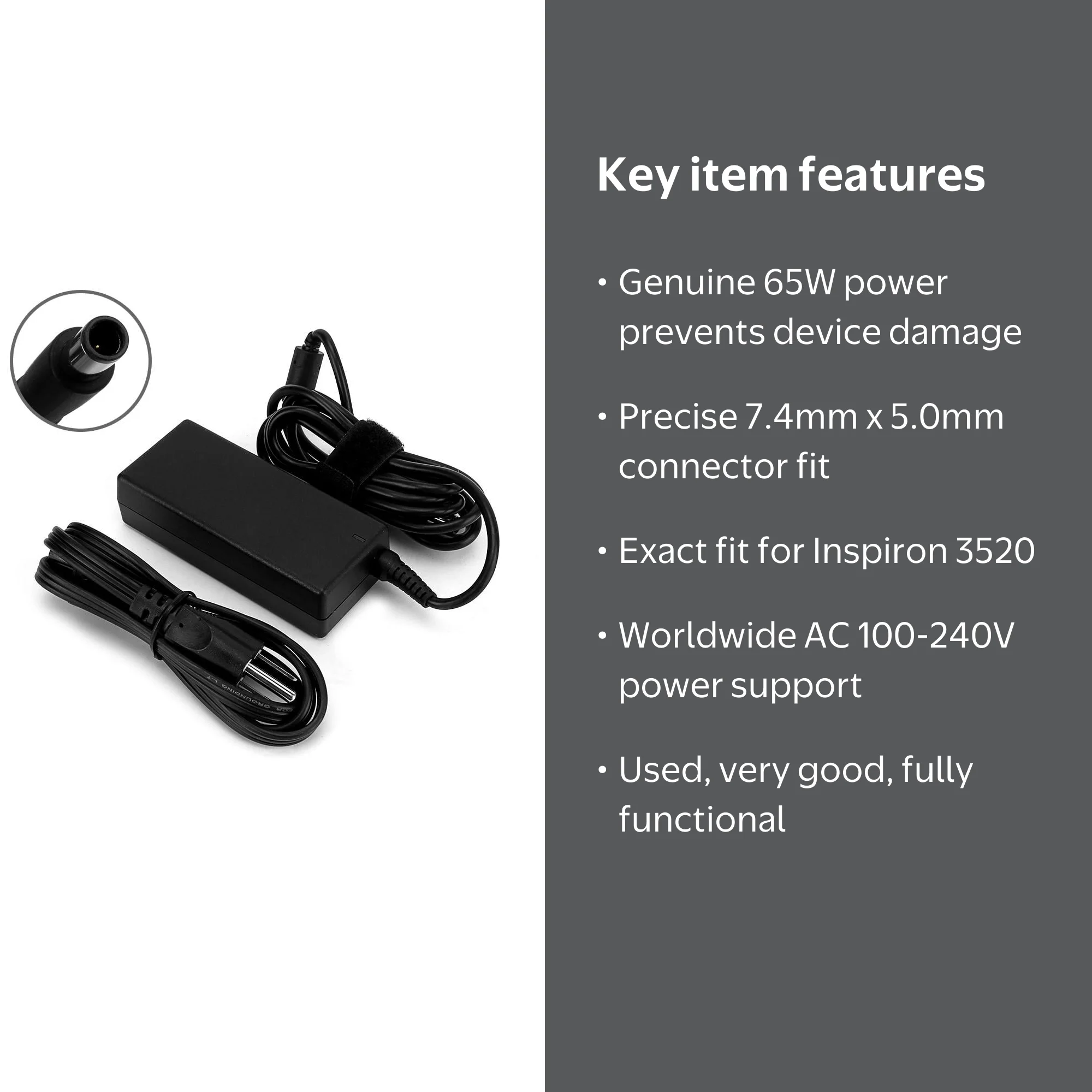 Dell Inspiron 3520 Genuine AC Adapter Power Cord 65W, 19.5V 3.34A