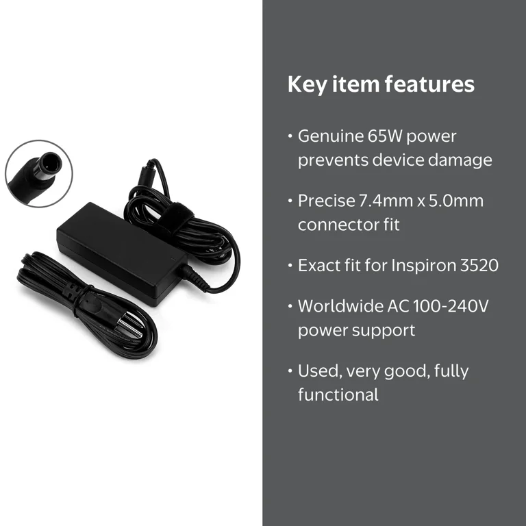 Dell Inspiron 3520 Genuine AC Adapter Power Cord 65W, 19.5V 3.34A