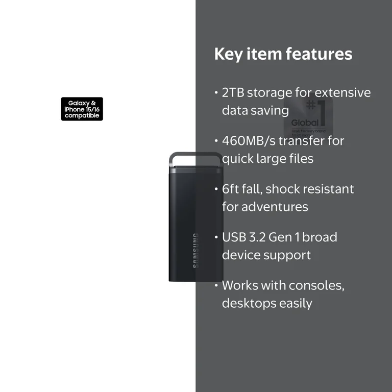 Samsung, Portable SSD, T5 EVO 2TB, USB 3.2 Gen 1, Black - Walmart.com