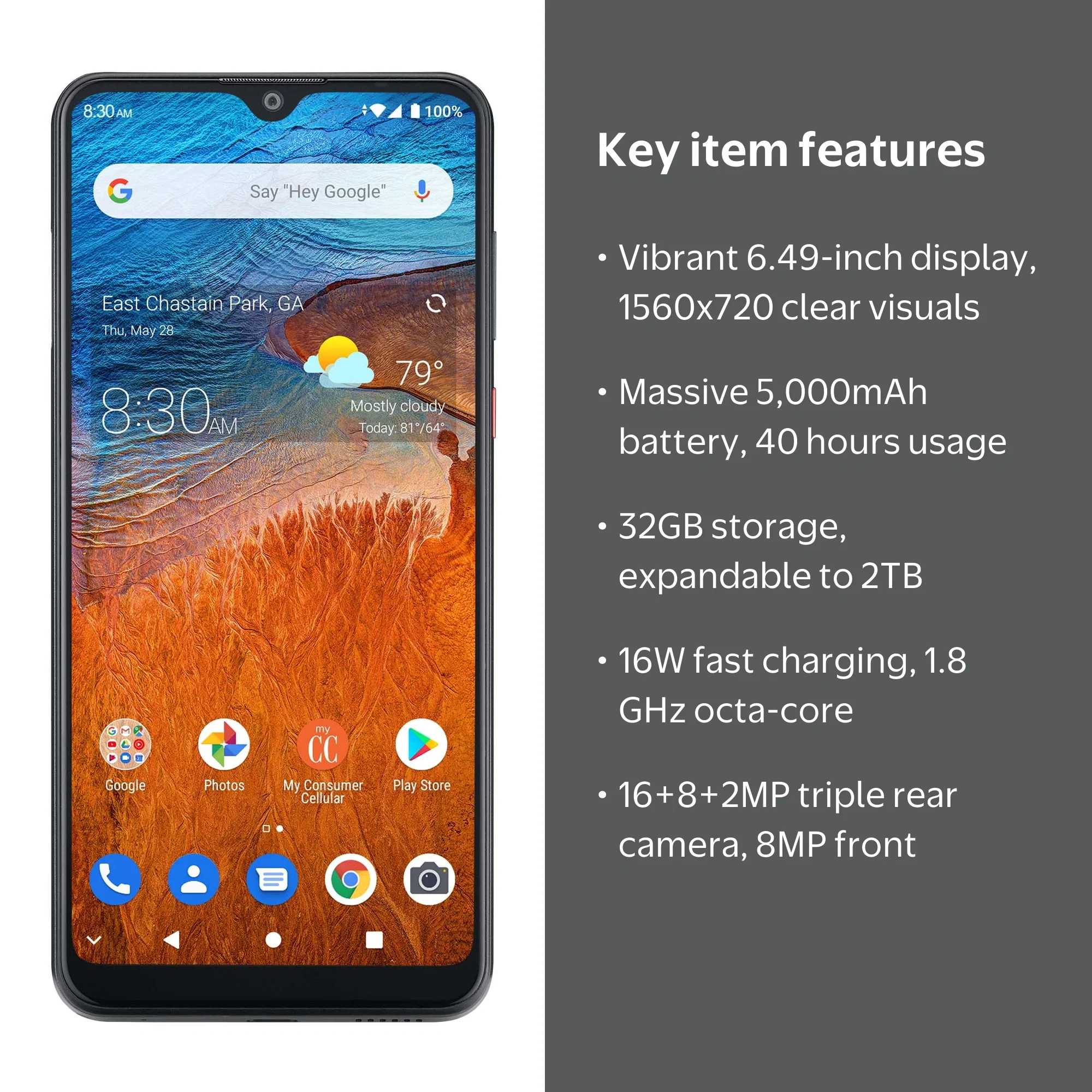Consumer Cellular ZMax10 Smartphone, 32GB, Gray, 6.49” Display