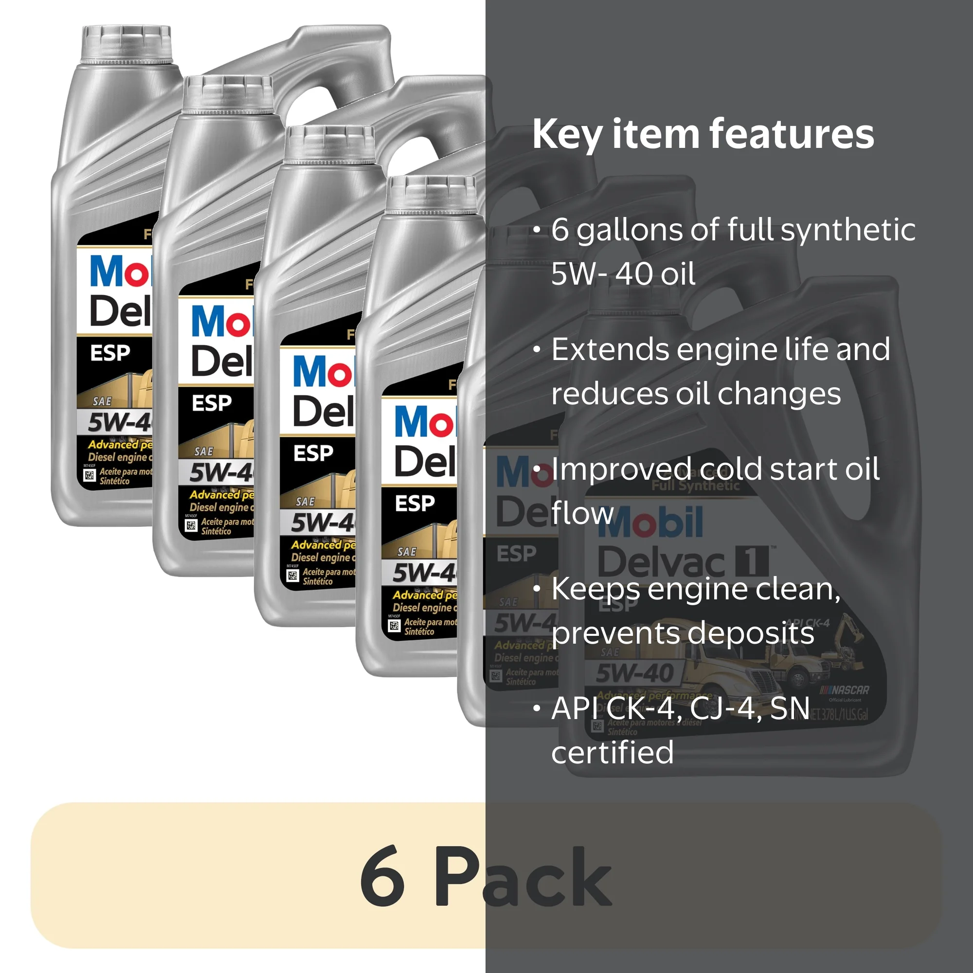 6 pack) Mobil Delvac 1 ESP Heavy Duty Full Synthetic Diesel Engine