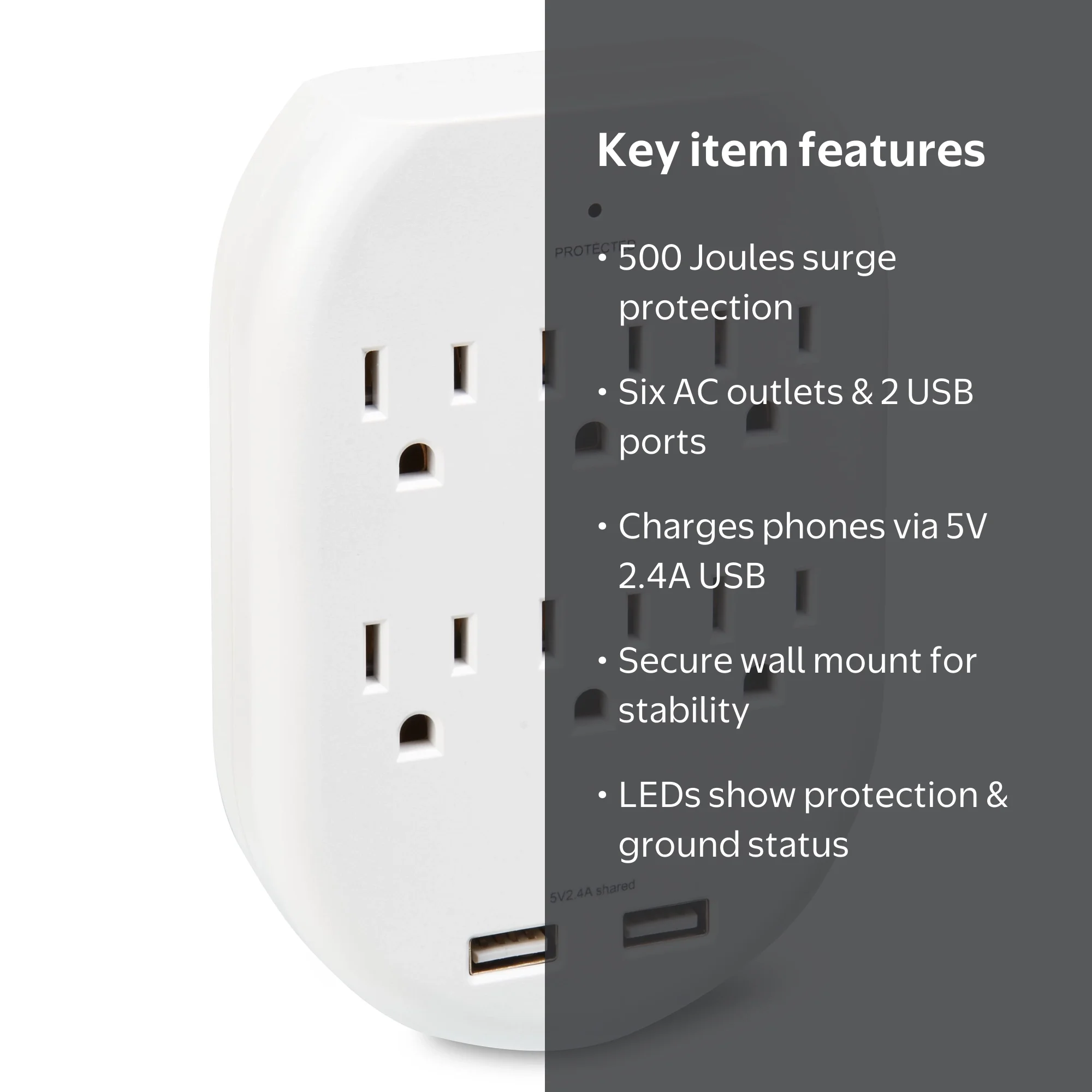 Onn+ Surge Protector Wall Tap with 6 Outlets and 2 USB Ports, 500