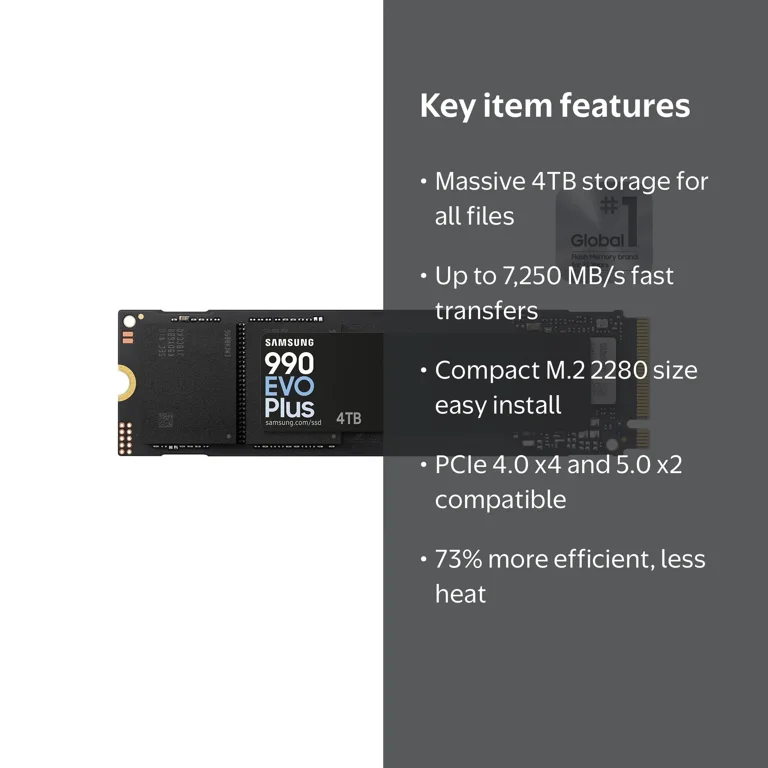 Samsung, SSD, 990 EVO PLUS 4TB, PCIe Gen 4x4 Speeds Up-to 7,250 MB