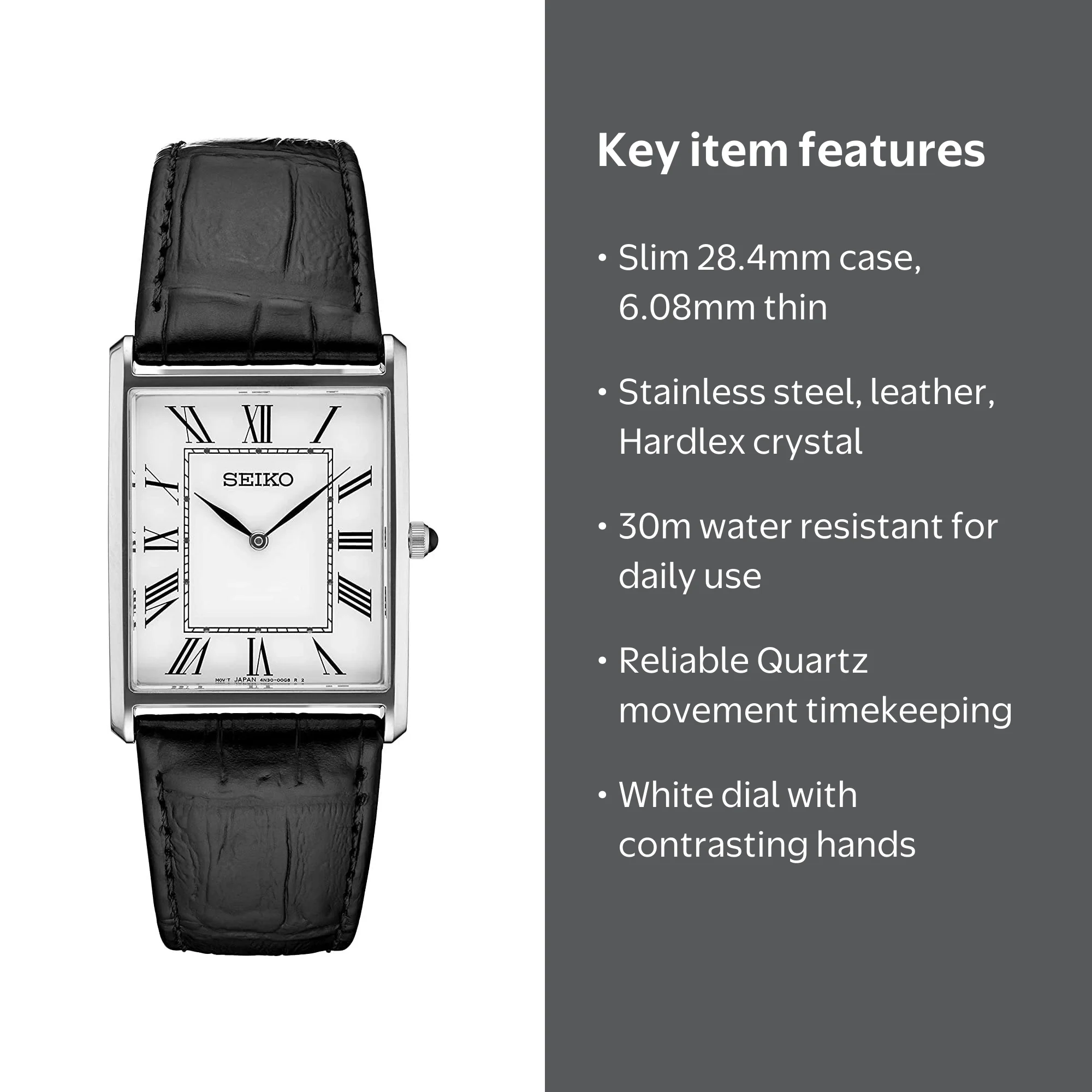 Seiko, Men's Watch, SWR049, Quartz, White Dial, Black Leather