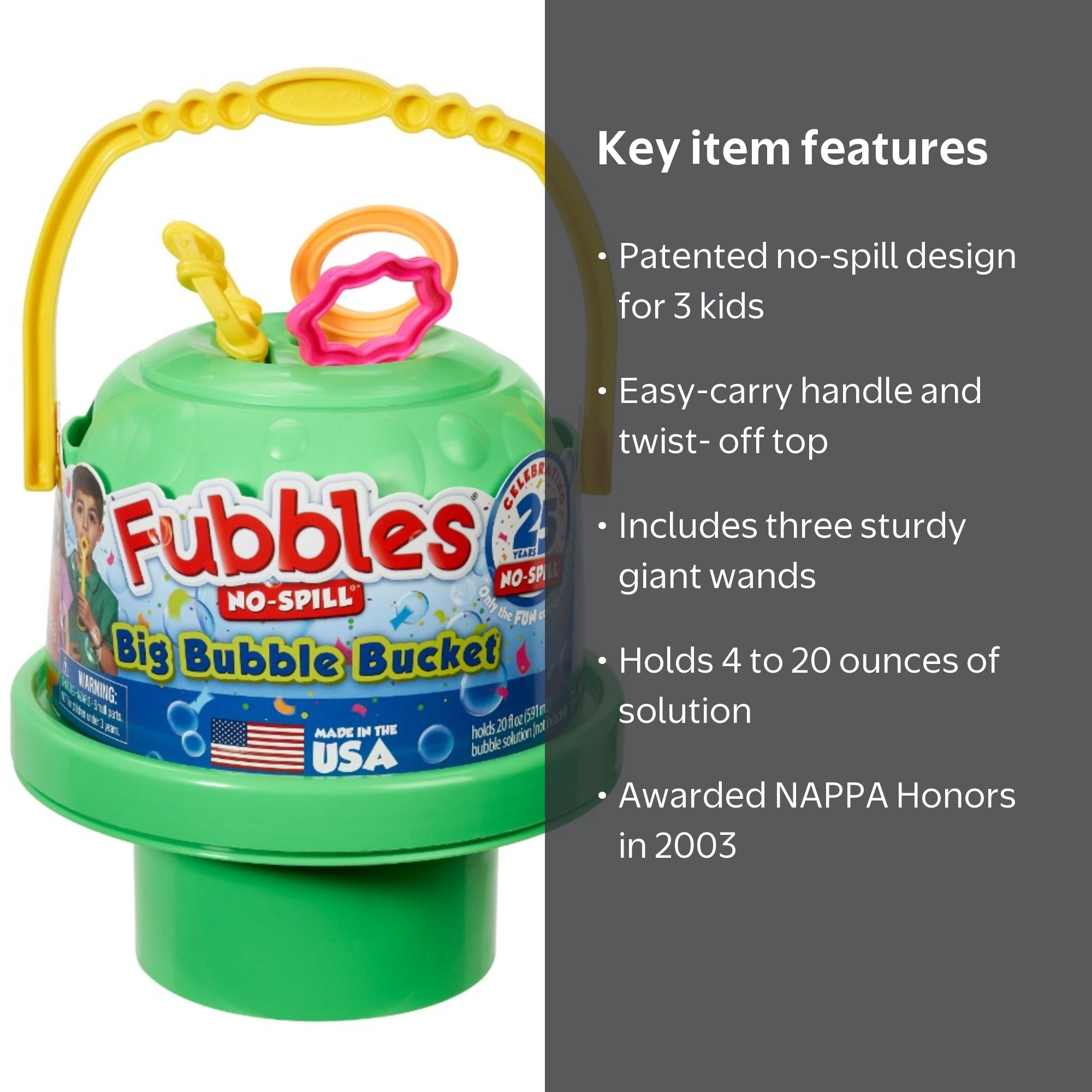 Little Kids, Fubbles No Spill Big Bubble Bucket, 20oz, Green