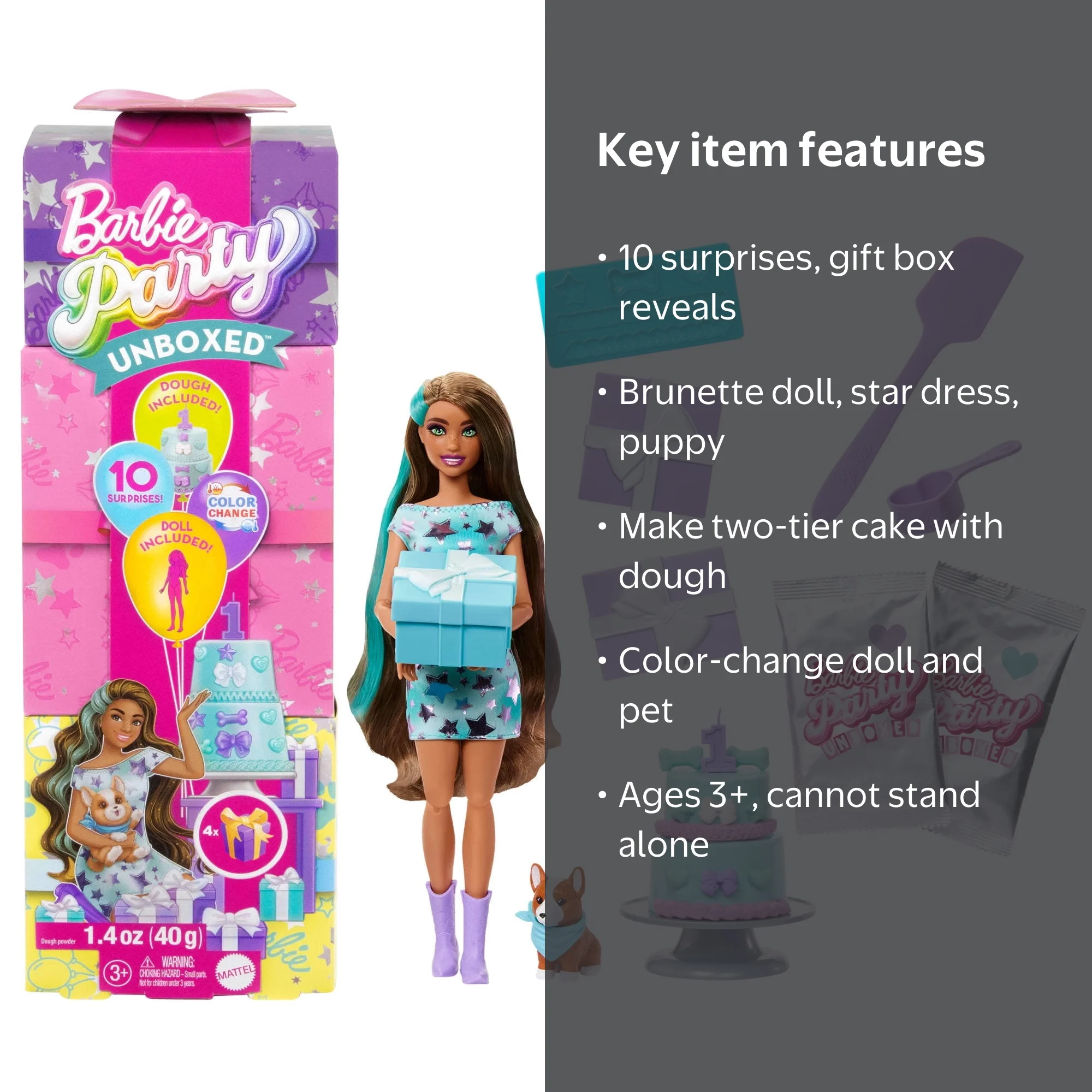 Barbie Party Unboxed Pet Birthday Doll & Accessories, 10 Surprises