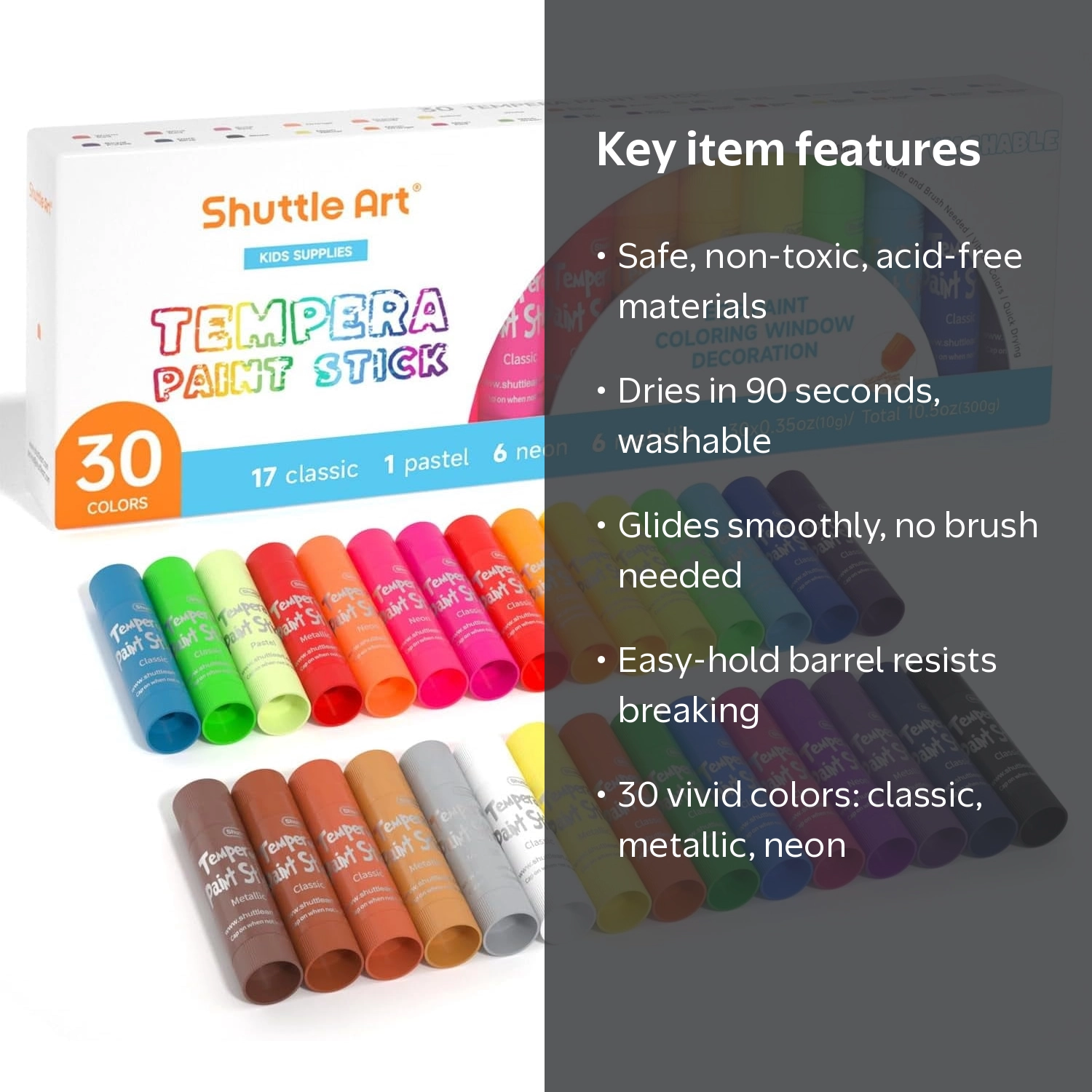 Shuttle Art Tempera Paint Sticks, 30 Colors, Quick Drying, Works