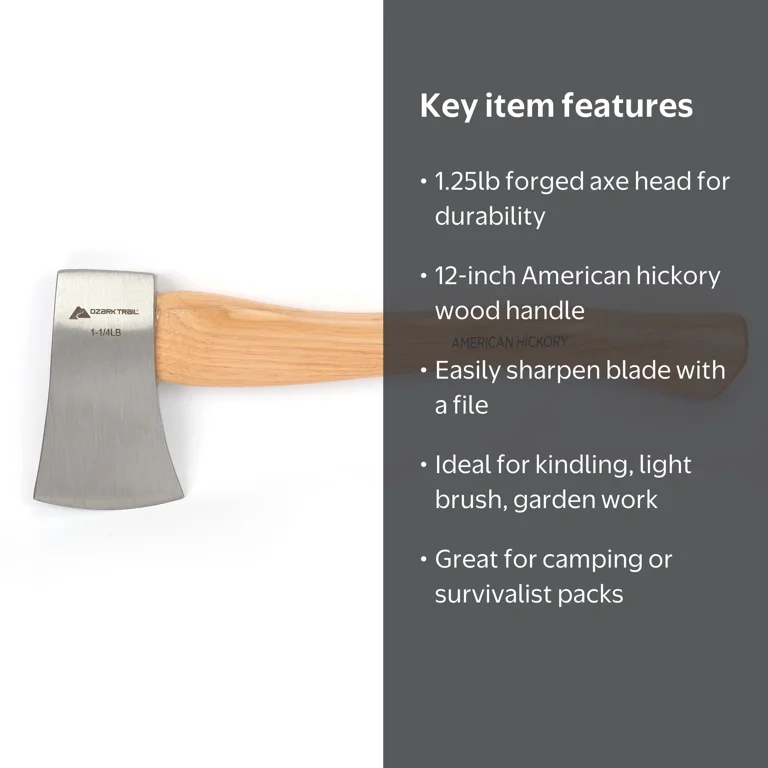 Ozark Trail 1.25lbs Wooden Handle Hatchet, Axe, Model 5039