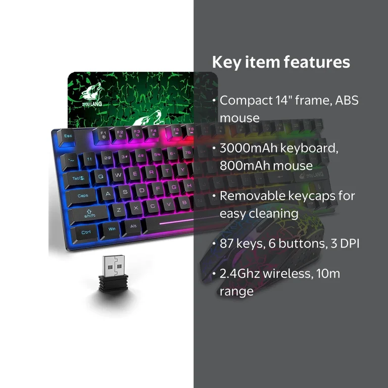 ZIYOULANG Wireless Gaming Keyboard and Mouse Set, 87 Key RGB