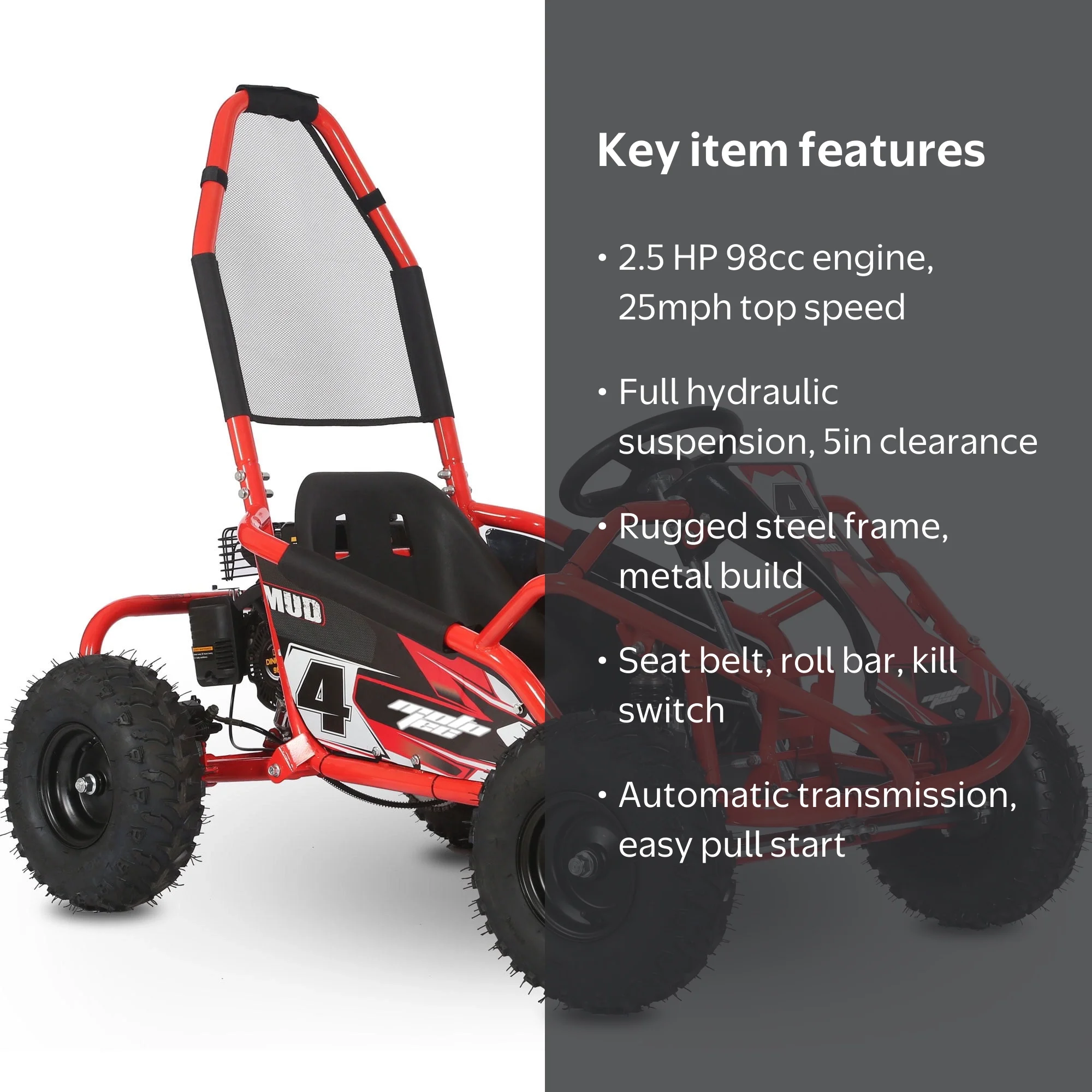 MotoTec Mud Monster 98cc Go Kart, Gasoline-Powered for Teens, Full